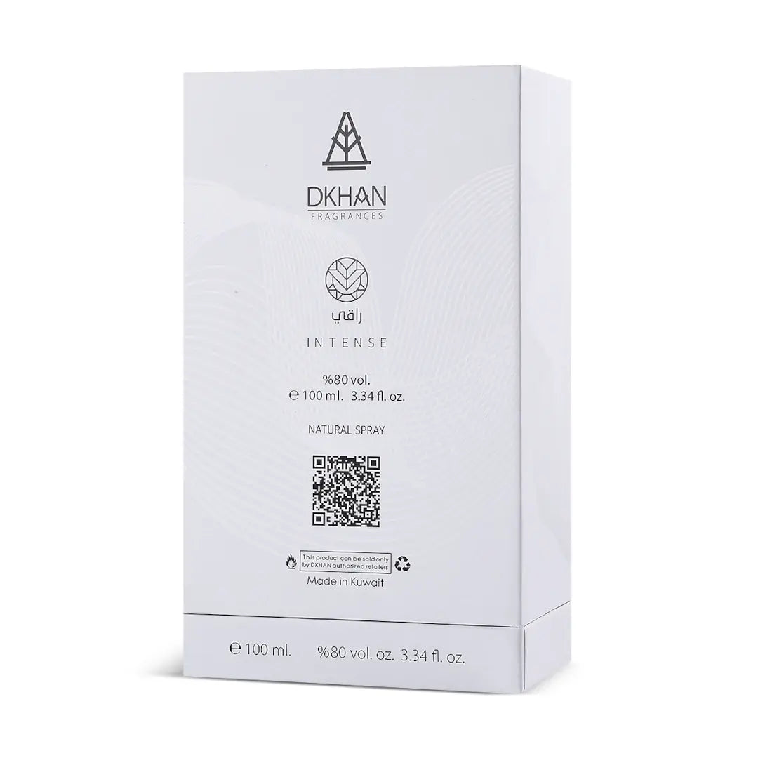 'Raqi Intense' by DKHAN perfume packaging on a white background
