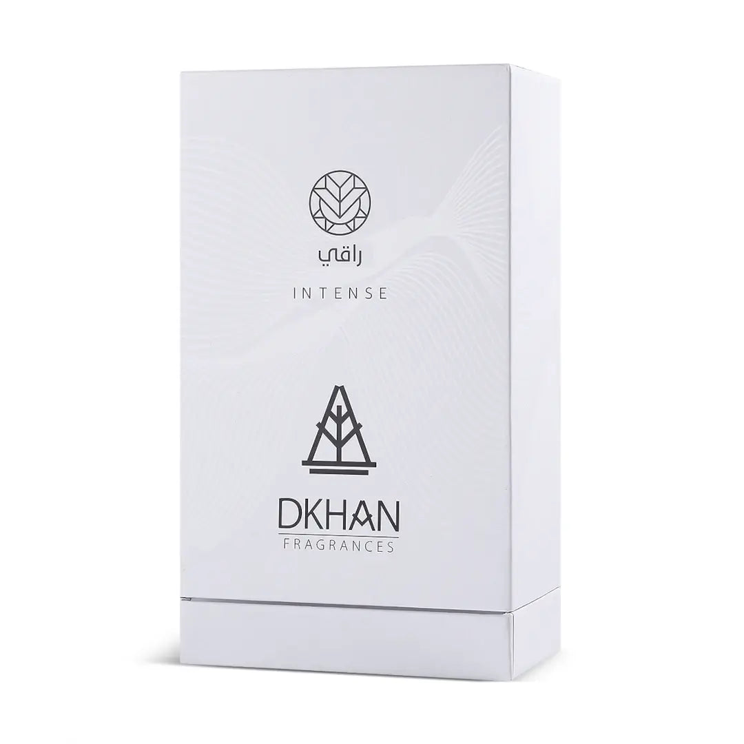 'Raqi Intense' White box with DKHAN Fragrances branding on a white background