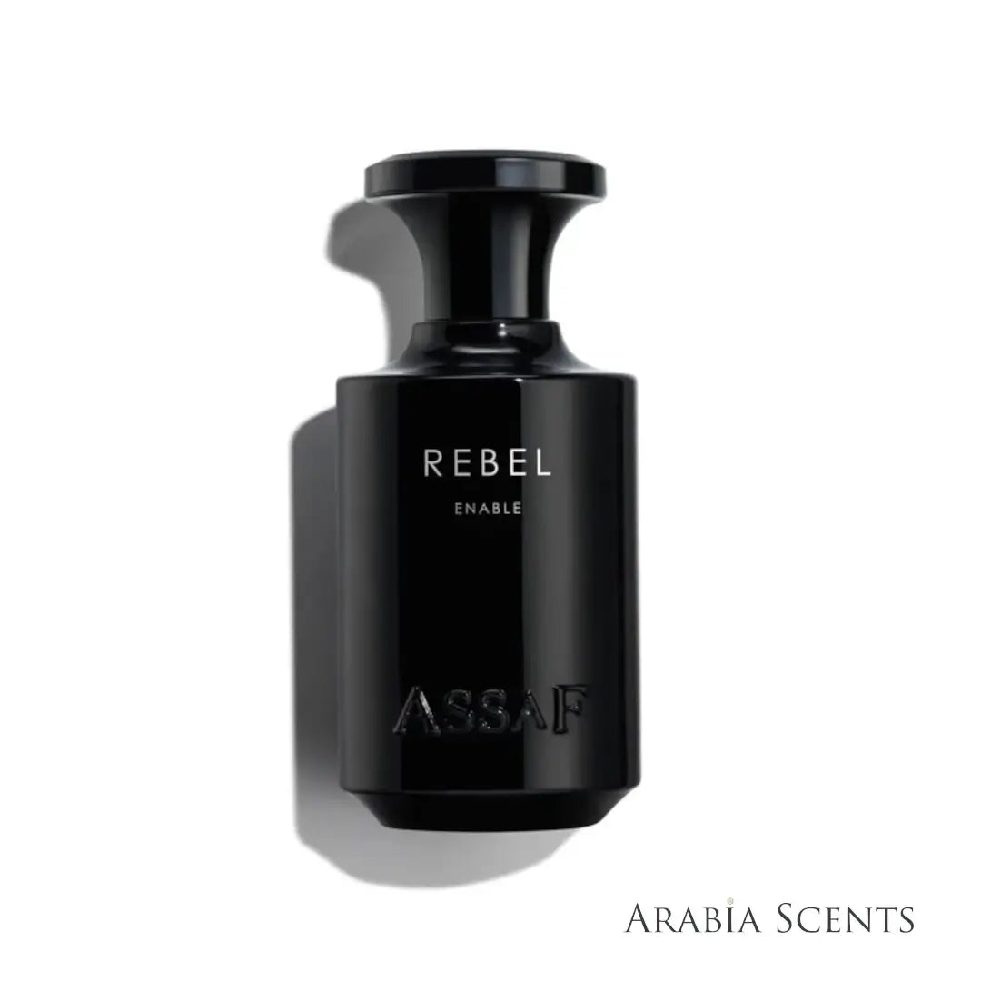 Black perfume bottle labeled 'Rebel Enable' by Assaf on a white background featured by ArabiaScents
