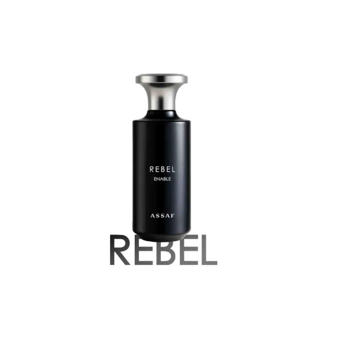 Black perfume bottle labeled 'Rebel' by Assaf on a white background