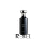 Black perfume bottle labeled 'Rebel' by Assaf on a white background