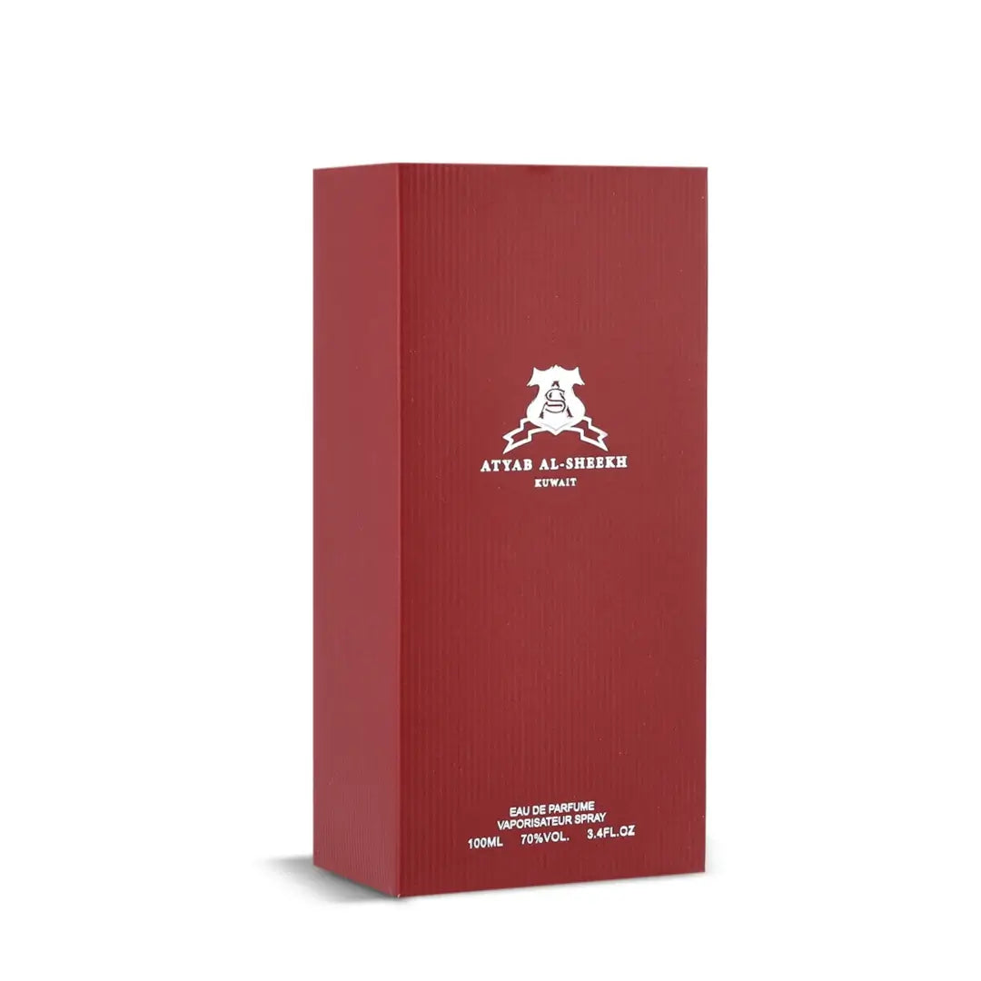 Remember Me Red perfume packaging with a brand logo on a white background by Atyab Al Sheikh