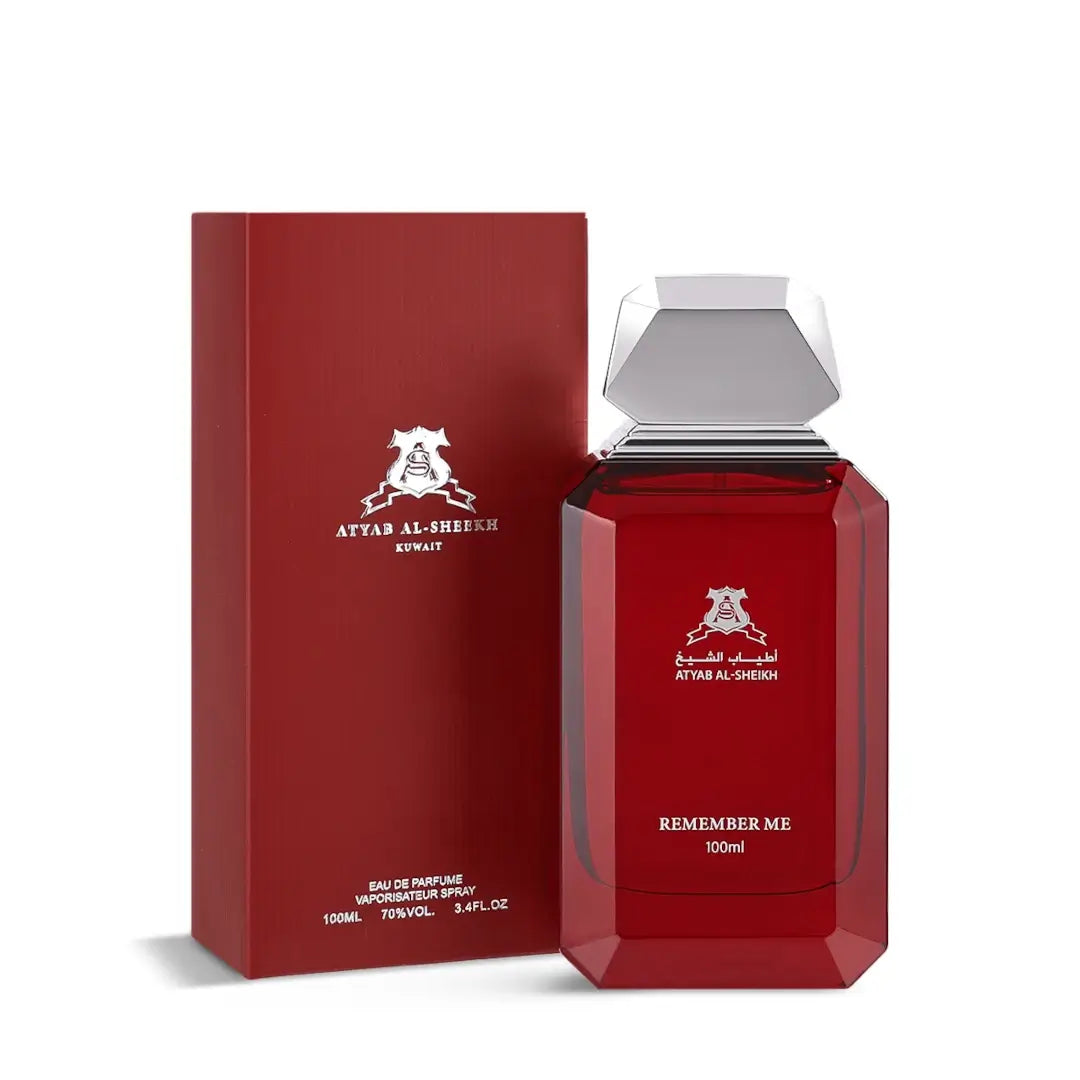 Remember Me Red by Atyab Al Sheikh perfume bottle and packaging on a white background