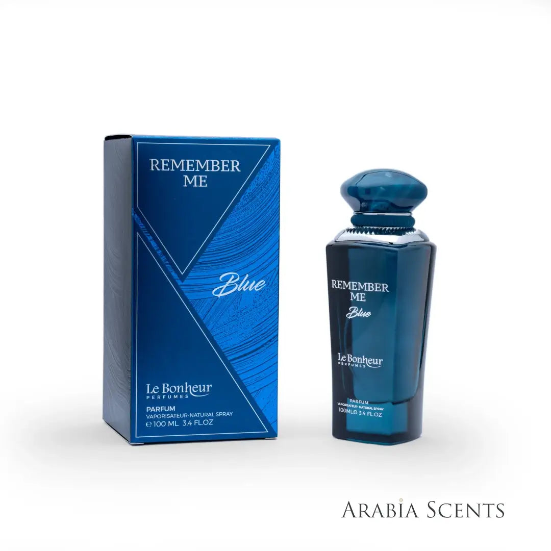 'Remember Me Blue' perfume bottle and packaging with Le Bonheur branding on a white background featured on ArabiaScents