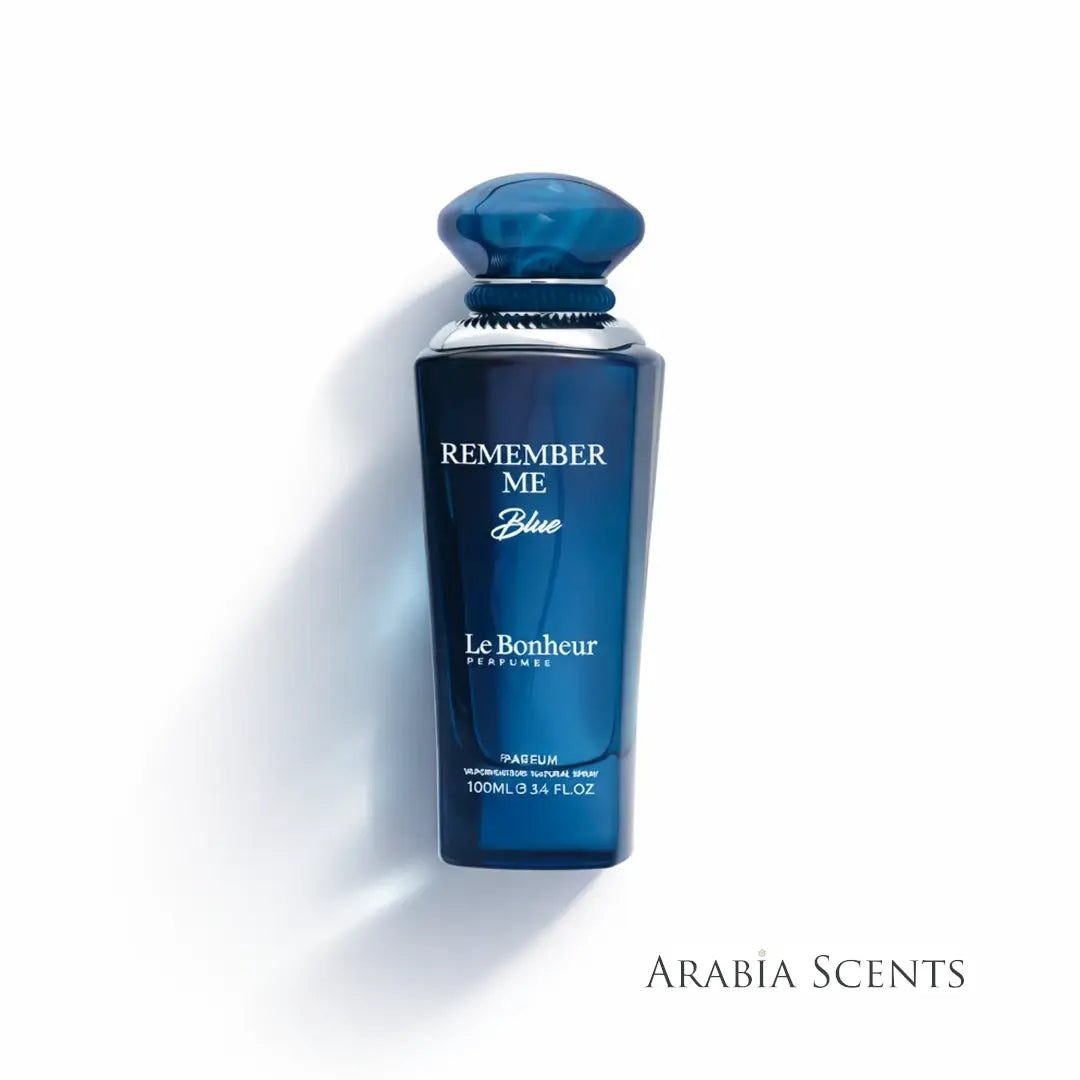 Blue perfume bottle labeled 'Remember Me Blue' by Le Bonheur on a white background featured by 'ArabiaScents'.