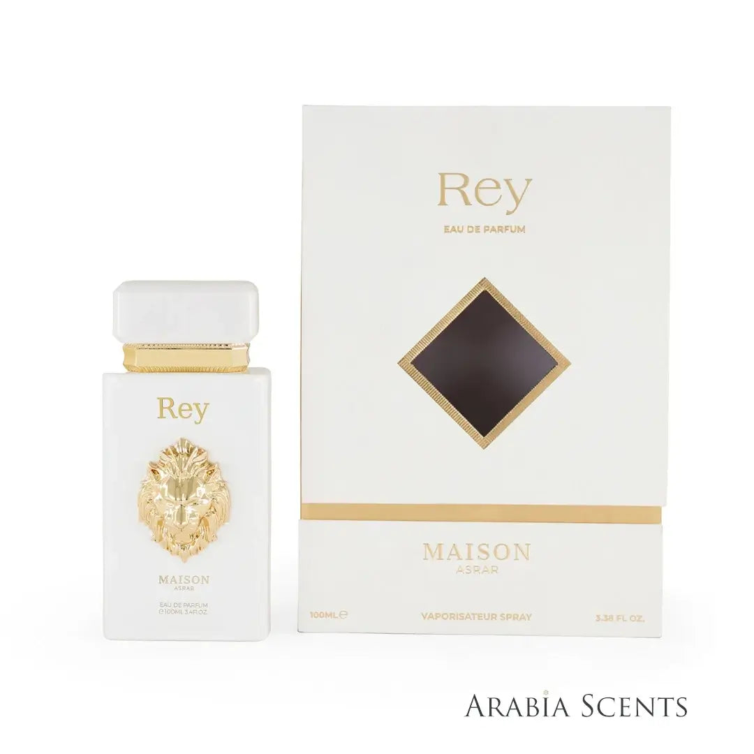 Perfume bottle and packaging of 'Rey' by Maison Asrar featured by ArabiaScents on a white background