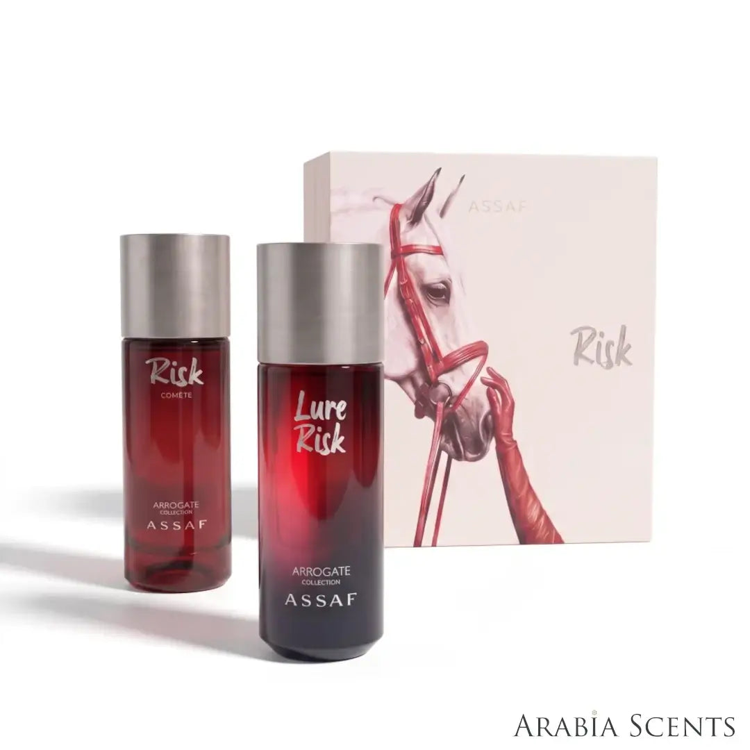 'Risk Collection' set with two perfume bottles & packaging on a white background with 'Assaf' branding featured by 'Arabiascents'