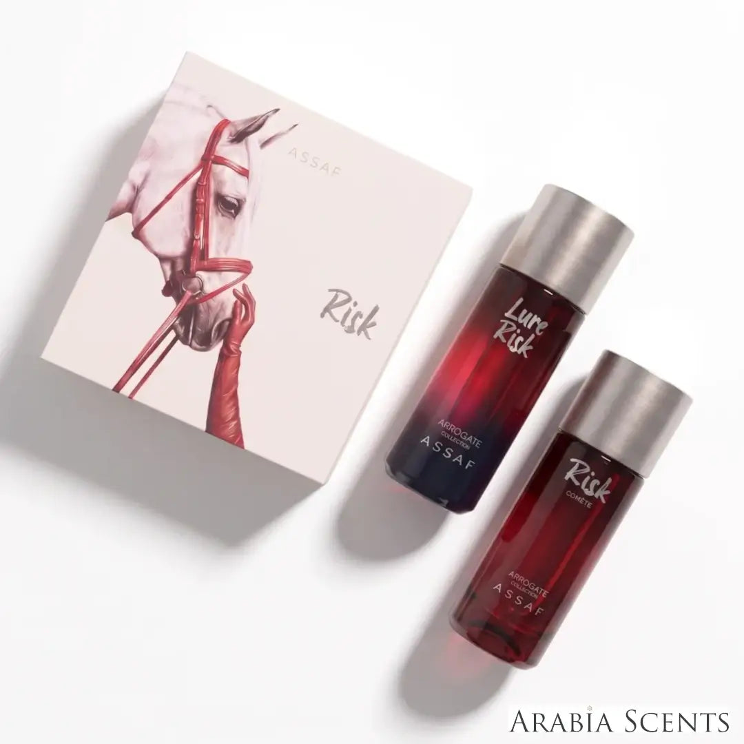 'Risk Collection' set with two perfume bottles & packaging on a white background with 'Assaf' branding featured by 'Arabiascents'
