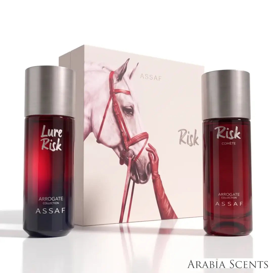 'Risk Collection' set with two perfume bottles & packaging on a white background with 'Assaf' branding featured by 'Arabiascents'