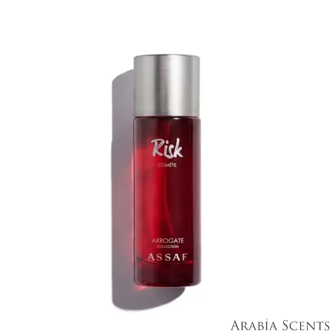 'Risk Comete' perfume bottle on a white background with 'Assaf' branding featured by 'Arabiascents'