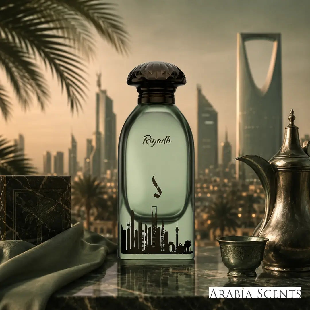 'Riyadh' perfume bottle on a white background with 'Dkhoon Emirates' branding featured by 'Arabiascents'