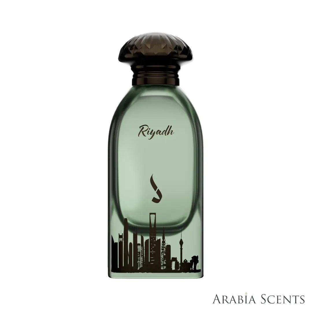 'Riyadh' perfume bottle on a white background with 'Dkhoon Emirates' branding featured by 'Arabiascents'