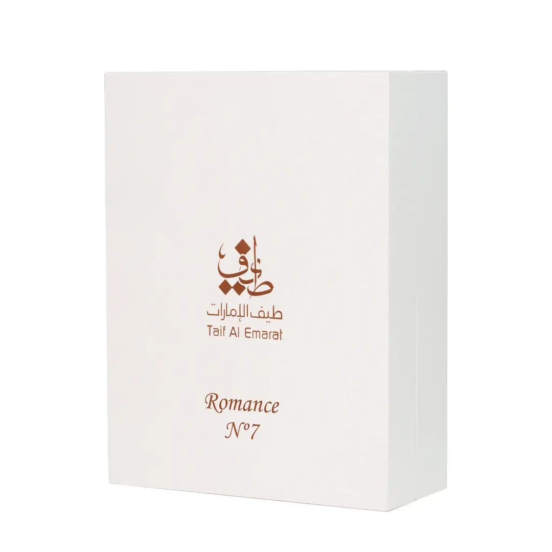 White box with gold text featuring the brand 'Taif Al Emarat' and product name 'Romance N°7' on a white background.