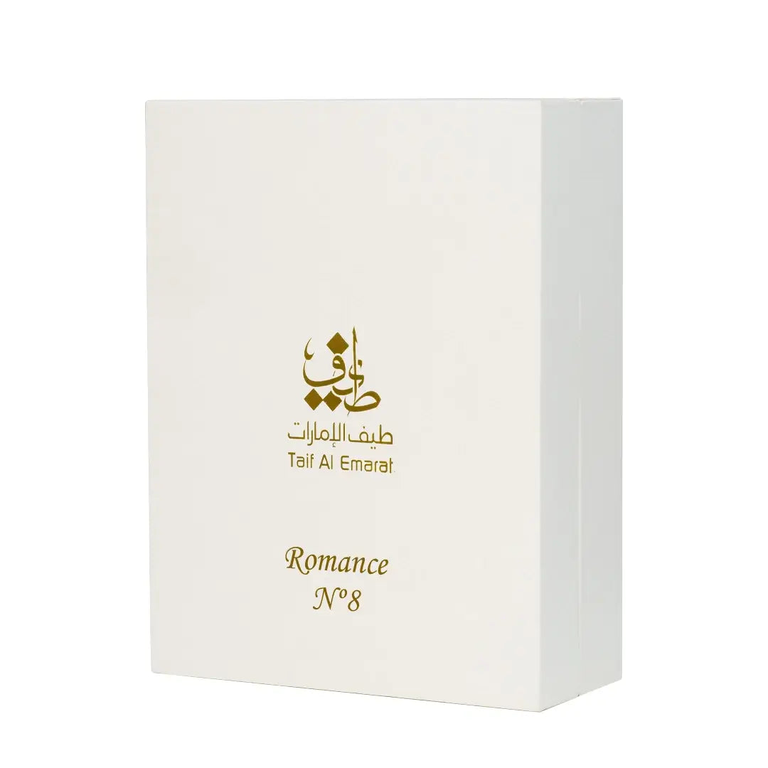 White box with gold text featuring 'Taif Al Emarat' and 'Romance No.8' on a white background