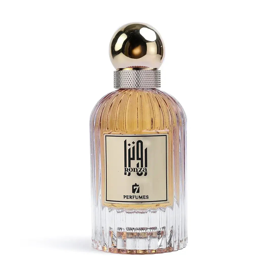 Ronza Perfume bottle with gold cap and clear body on a white background with 7 Perfumes branding