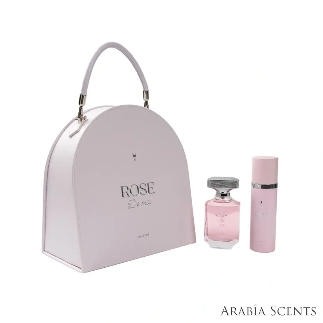 'Rose De Mai' set on a white background with 'Al Majed Oud' branding featured by 'Arabiascents'