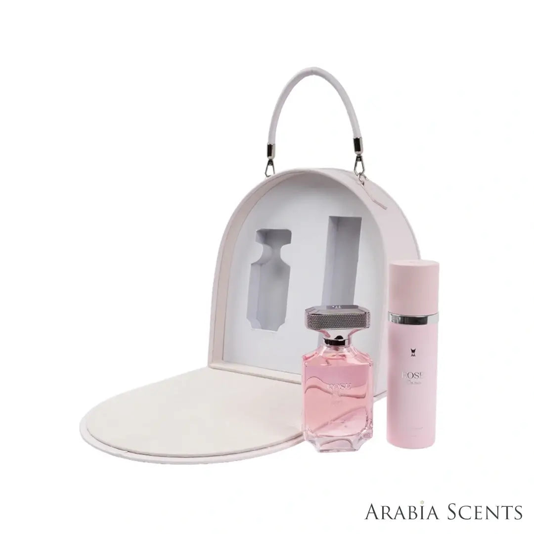 'Rose De Mai' set on a white background with 'Al Majed Oud' branding featured by 'Arabiascents'