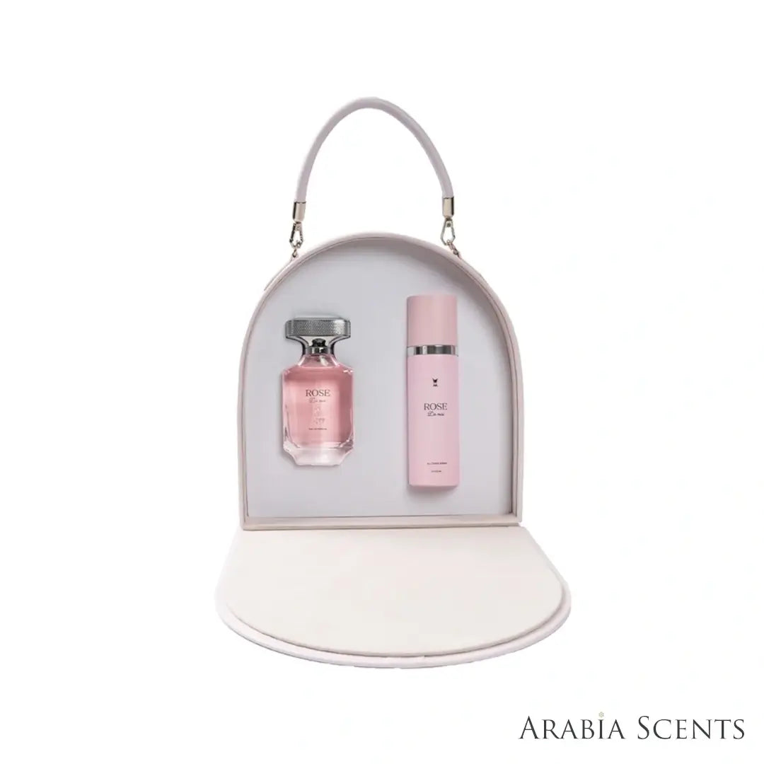 'Rose De Mai' set on a white background with 'Al Majed Oud' branding featured by 'Arabiascents'