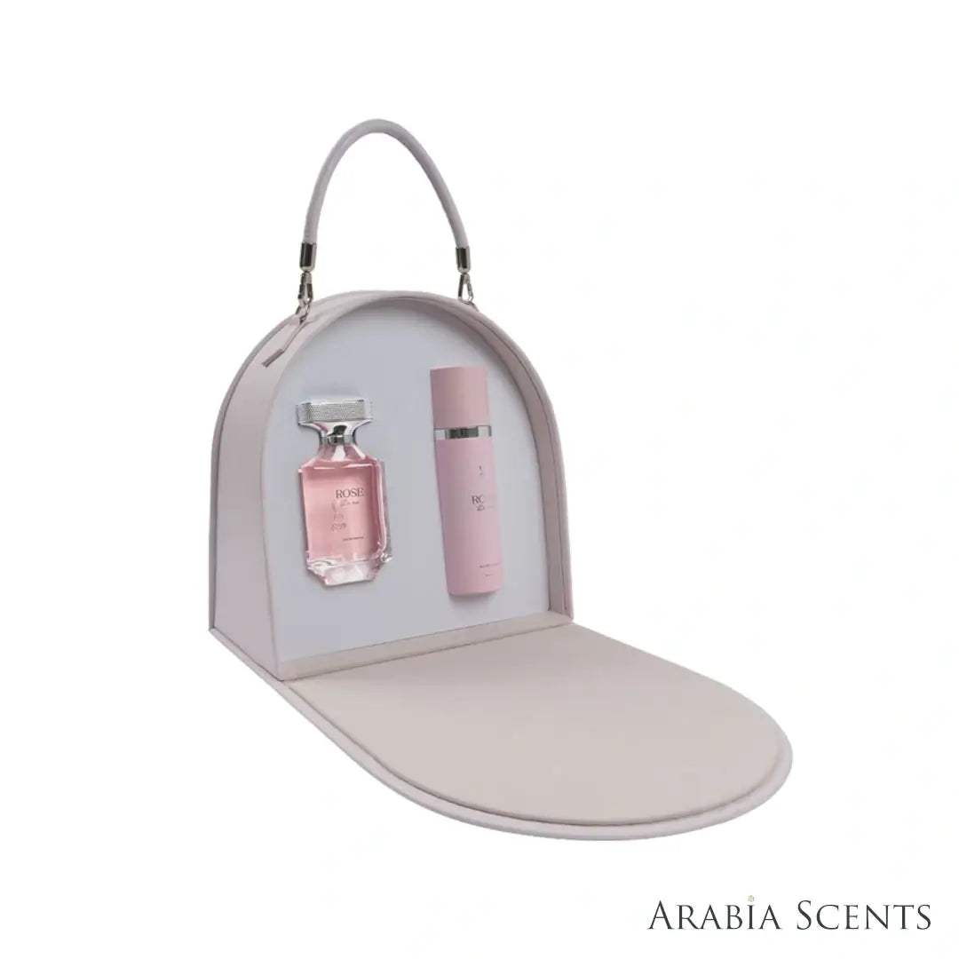 'Rose De Mai' set on a white background with 'Al Majed Oud' branding featured by 'Arabiascents'