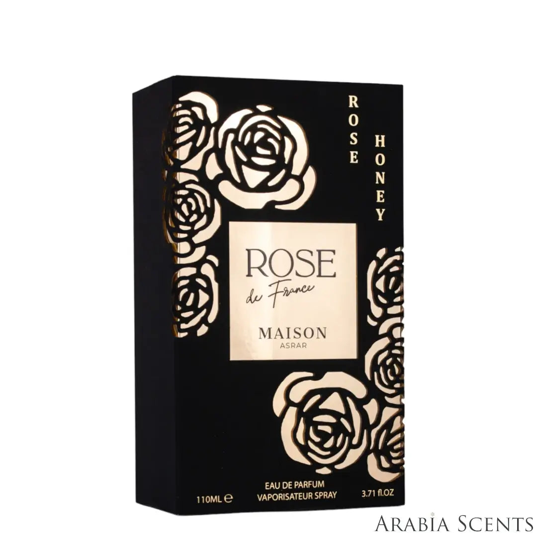 Maison Asrar Rose Honey perfume packaging with rose designs on a black background featured by Arabia Scents