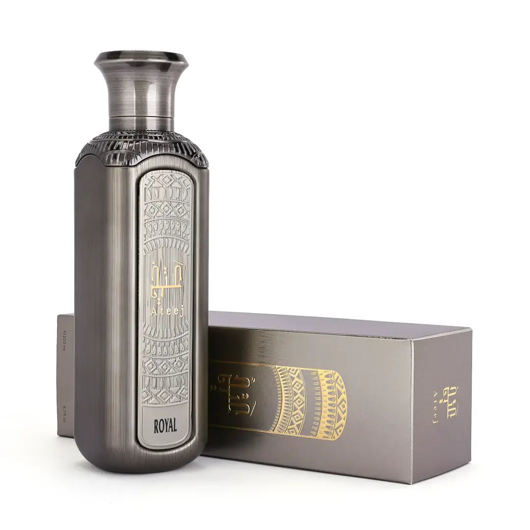 'Royal Light' perfume bottle & packaging in a white background with 'Ateej' branding