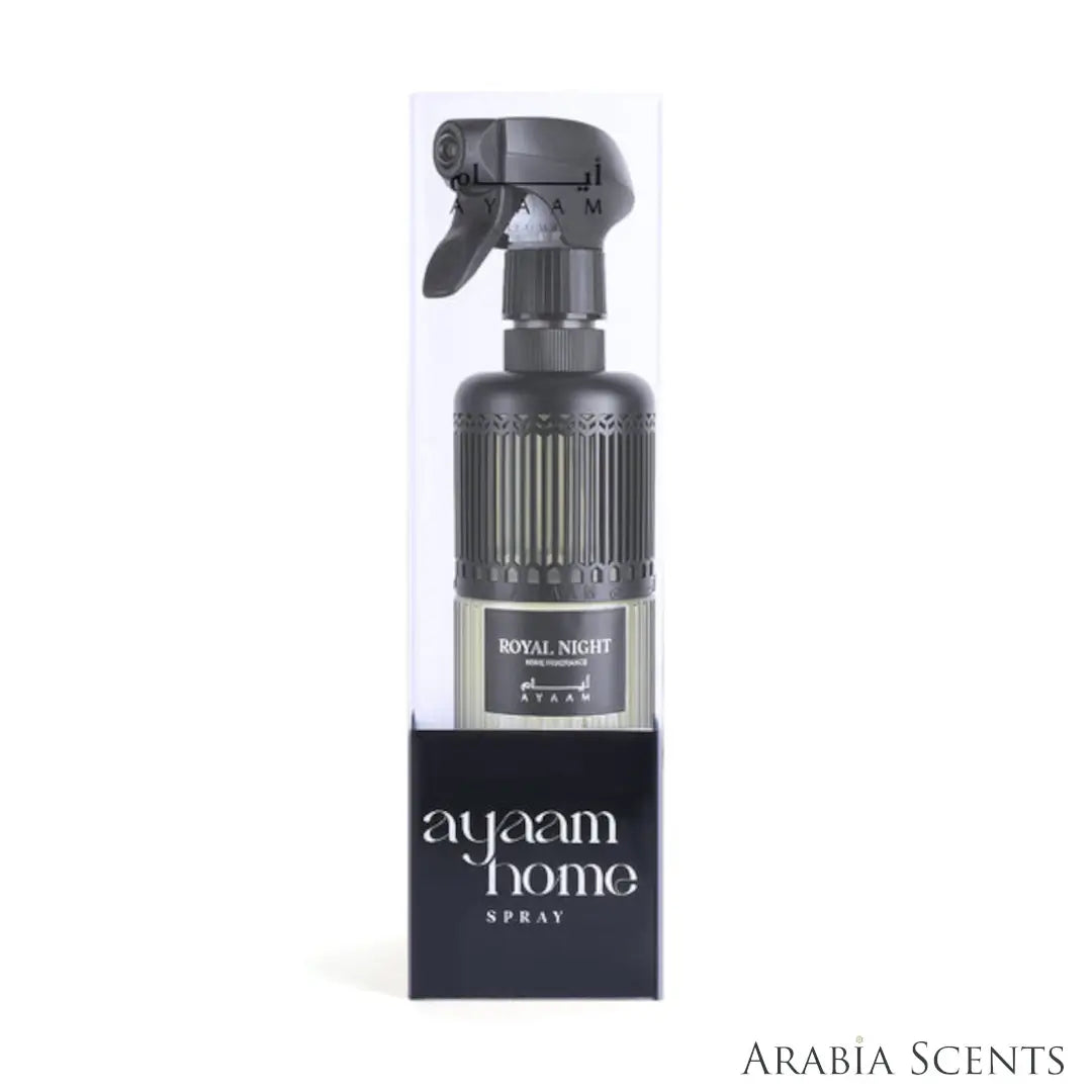 'Royal Night' home fragrance bottle & packaging on a white background with 'Ayaam' branding featured by 'Arabiascents'