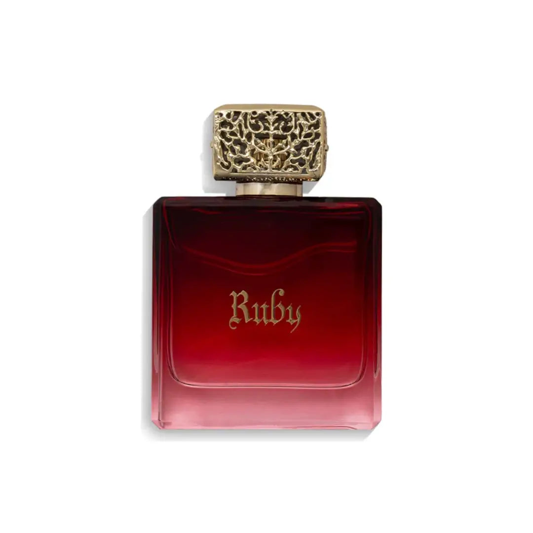'Ruby' perfume bottle with gold cap on a white background with 'Junaid' branding