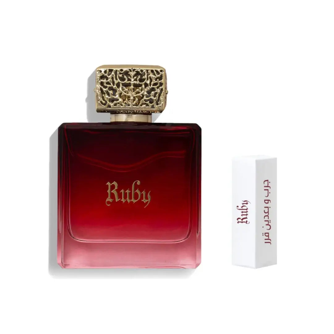'Ruby' perfume bottle with gold cap on a white background with 'Junaid' branding