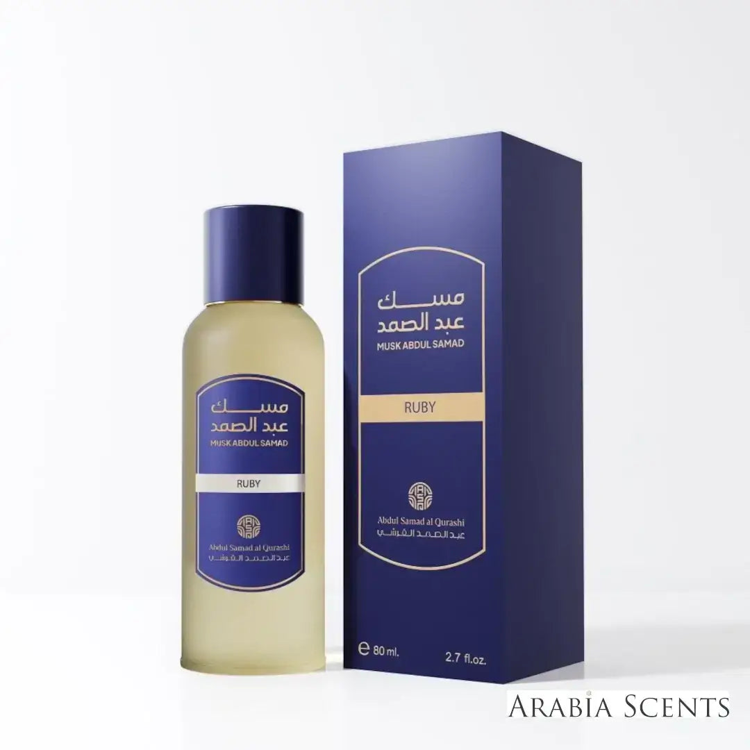 'Ruby' Musk perfume bottle & packaging on a white background with 'ASQ' branding featured by 'Arabiascents'