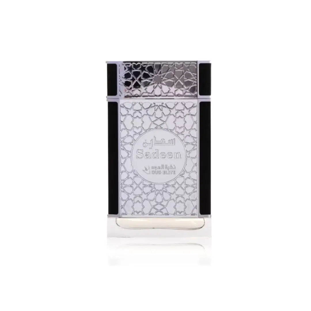 'Sadeen' silver perfume bottle branded Oud Elite on a white background