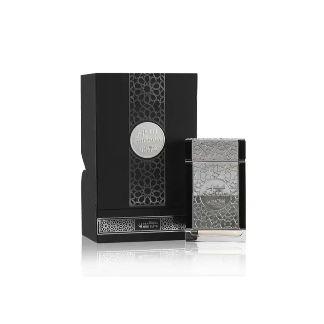 'Sadeen' Perfume bottle and packaging with intricate design on a white background branded Oud Elite
