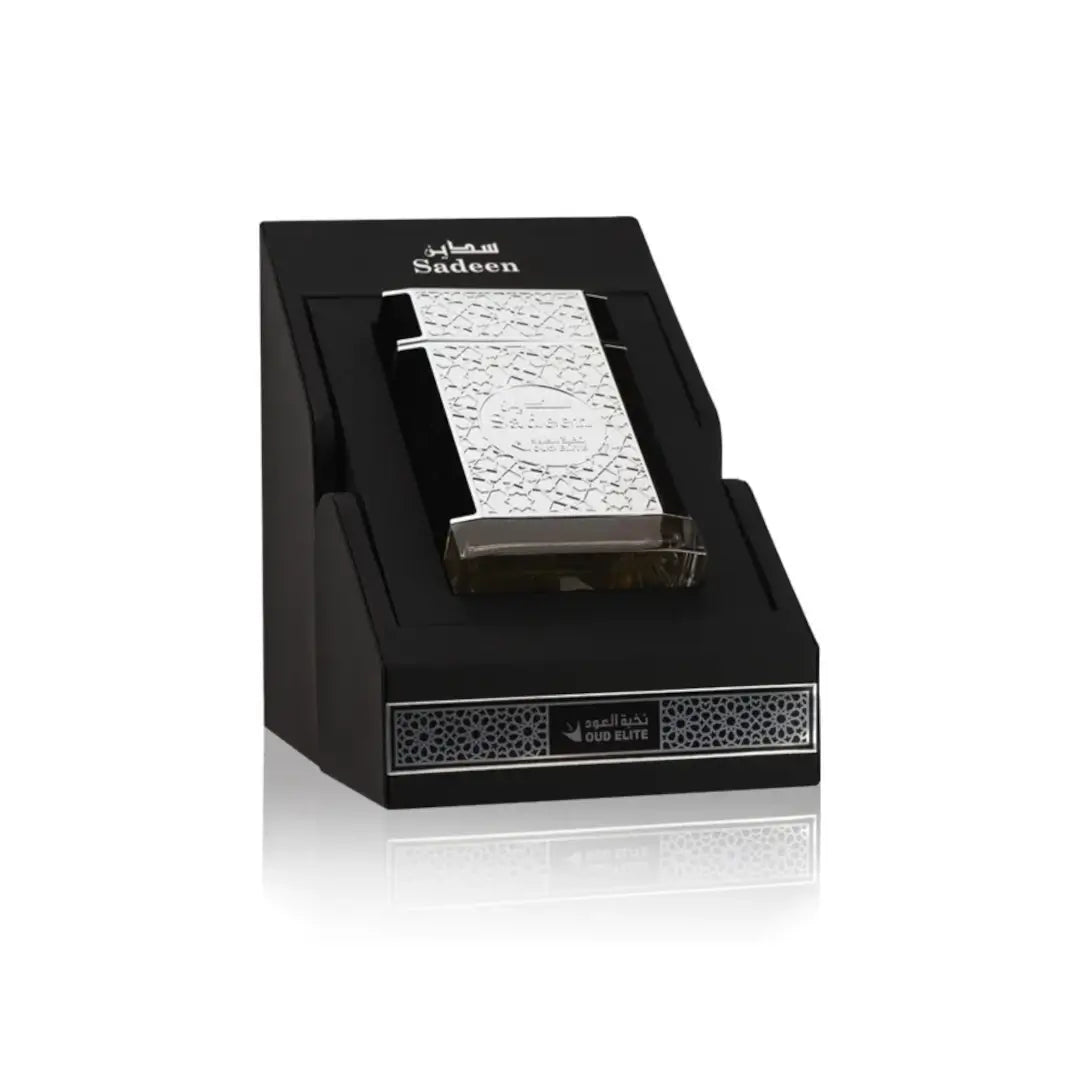 Black perfume display box with 'Sadeen' label on a white background by Oud Elite
