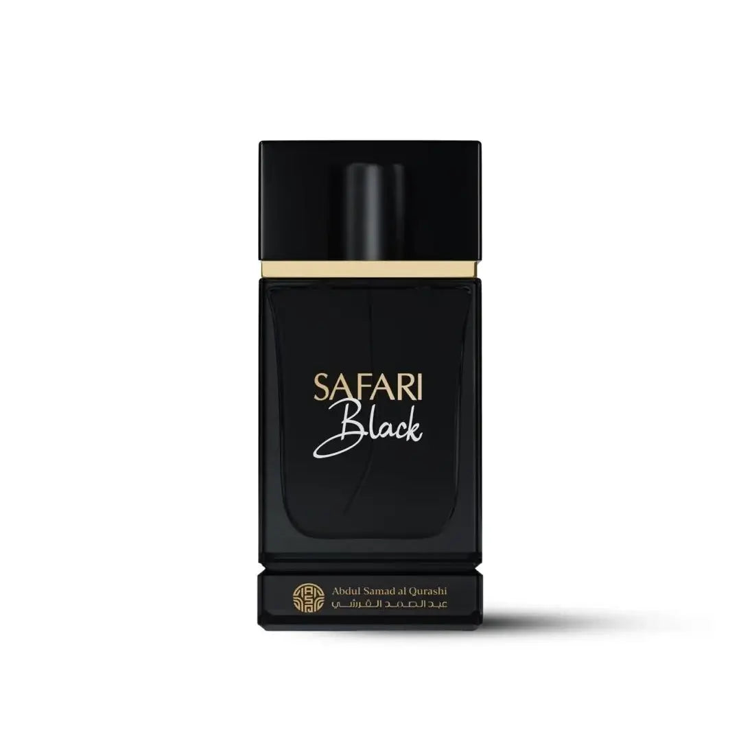 Black perfume bottle labeled 'Safari Black' on a white background branded Abdul Samad Al Qurashi