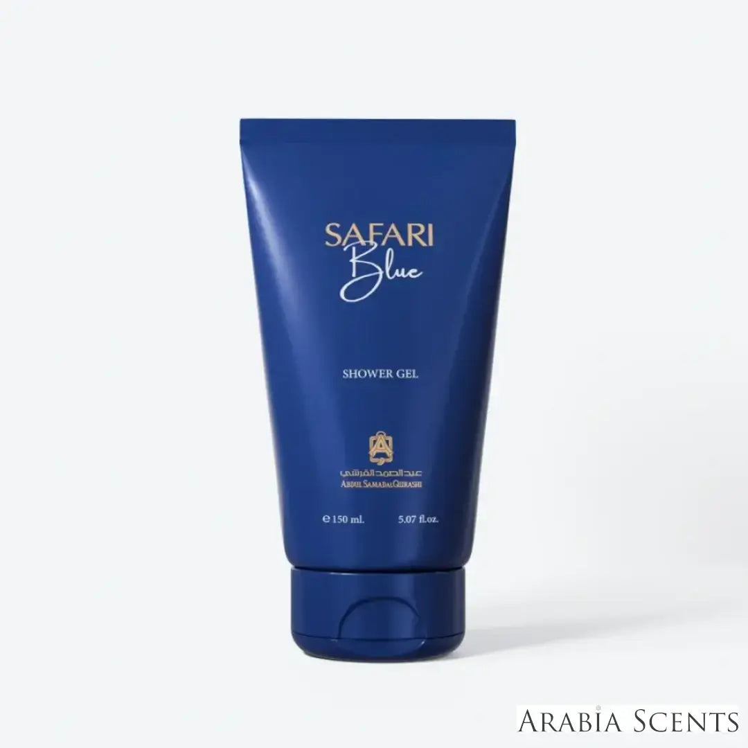 'Safari Blue' shower gel bottle on a white background with 'ASQ' branding featured by 'Arabiascents'