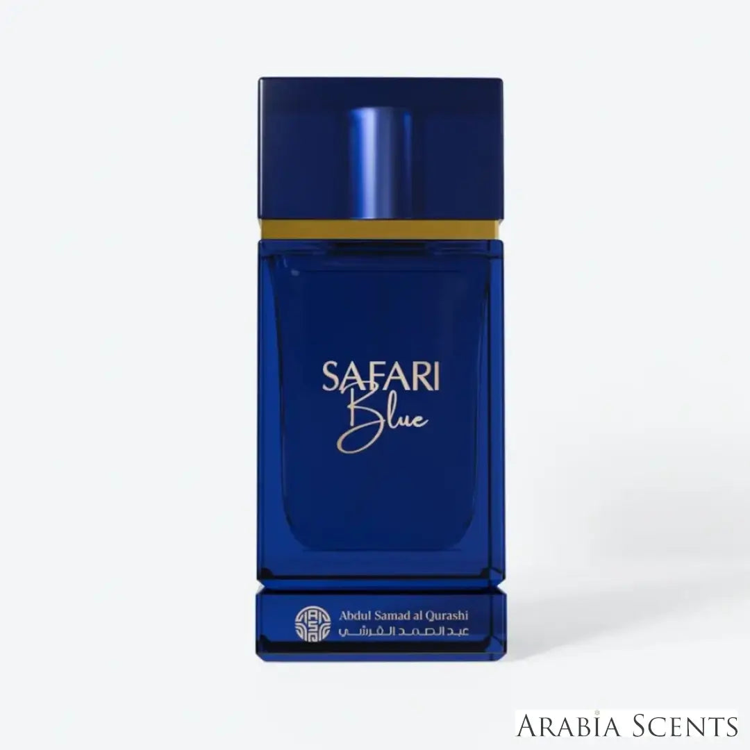'Safari Blue' perfume bottle on a white background with 'ASQ' branding featured by 'Arabiascents'