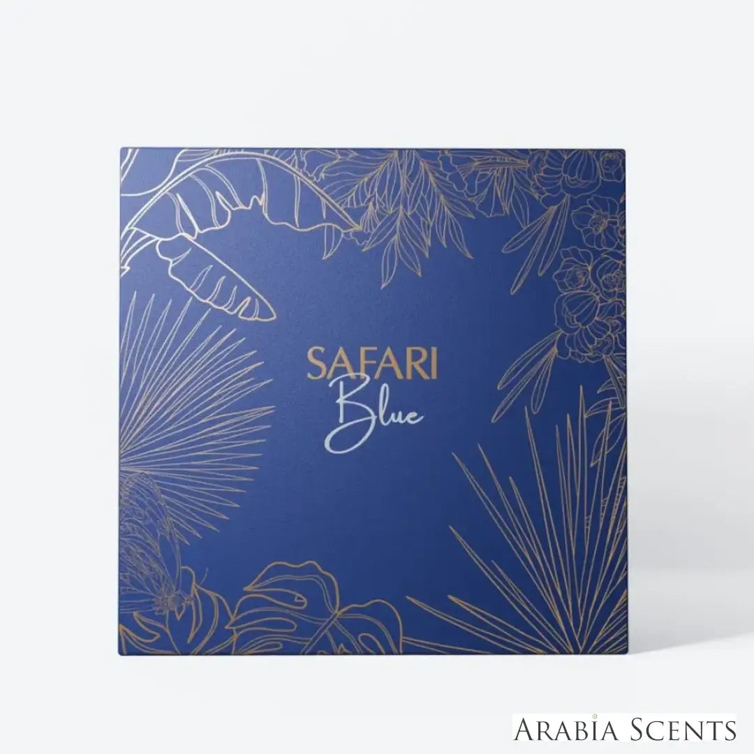 'Safari Blue' packaging on a white background with 'ASQ' branding featured by 'Arabiascents'