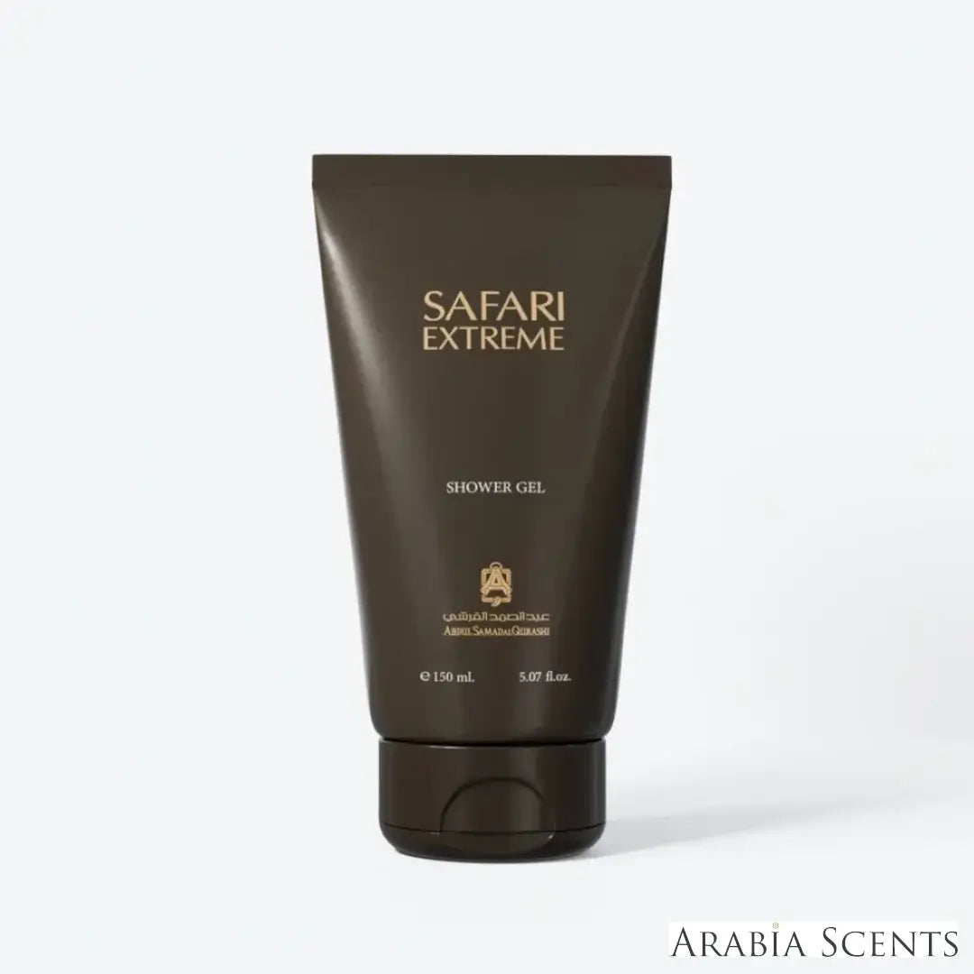 'Safari Extreme' shower gel on a white background with 'ASQ' branding featured by 'Arabiascents'