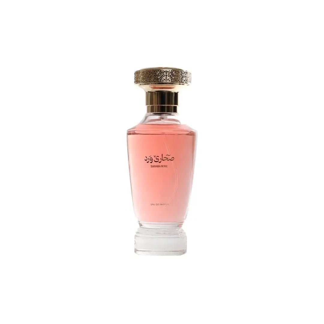 'Sahara Rose' Pink perfume bottle with gold cap on a white background with Al Majed Oud branding