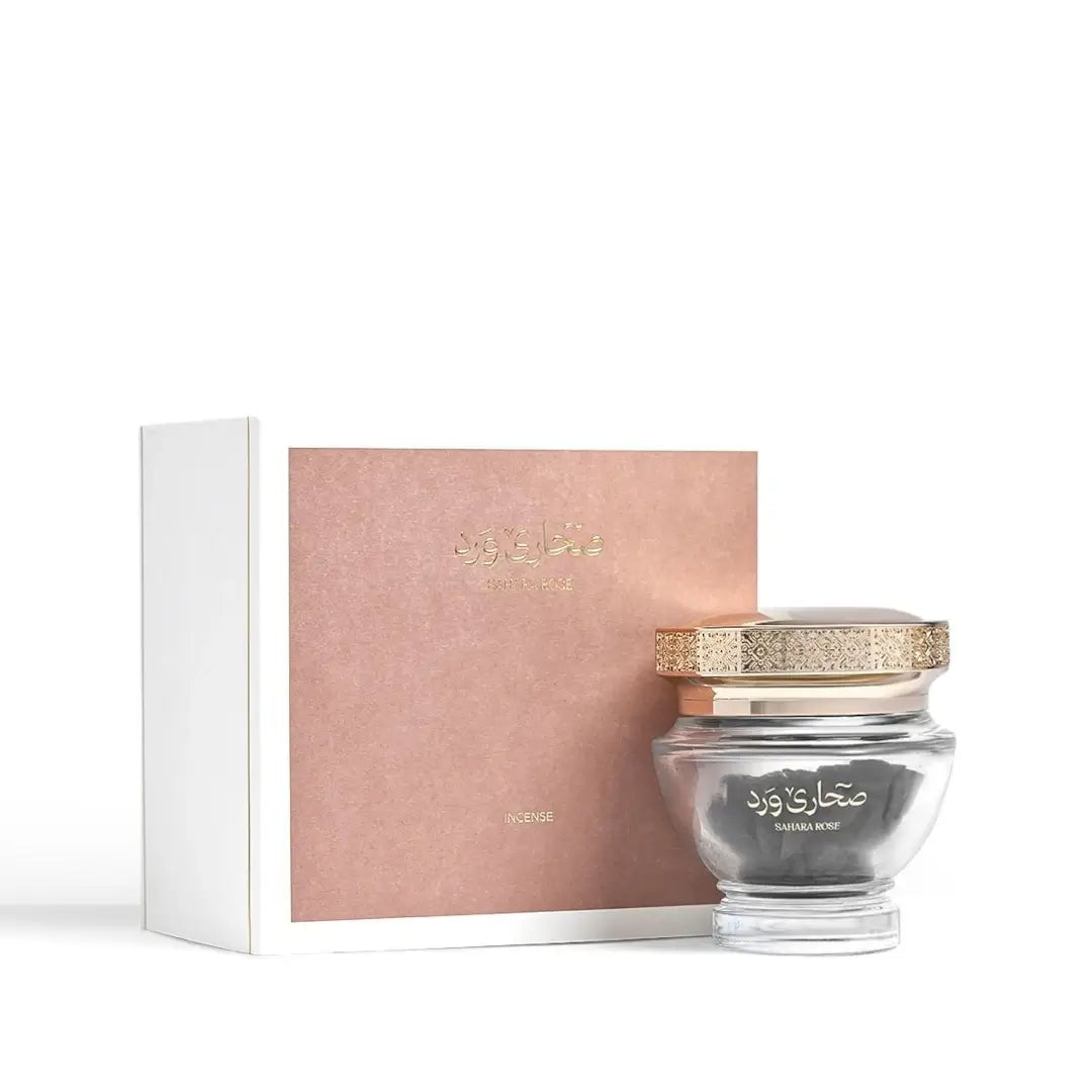 'Sahara Rose' bakhour & packaging in a white background with 'Al Majed' branding