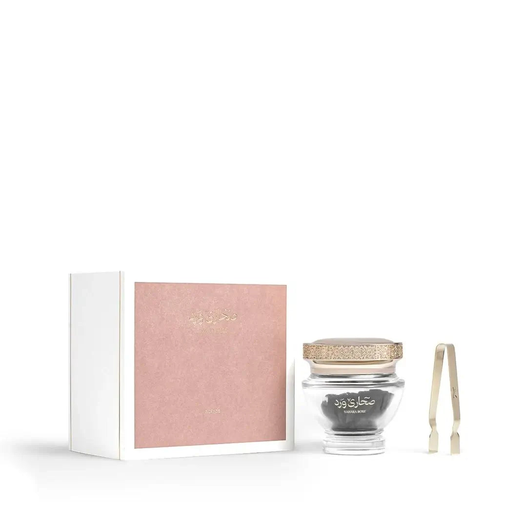'Sahara Rose' bakhour & packaging in a white background with 'Al Majed' branding