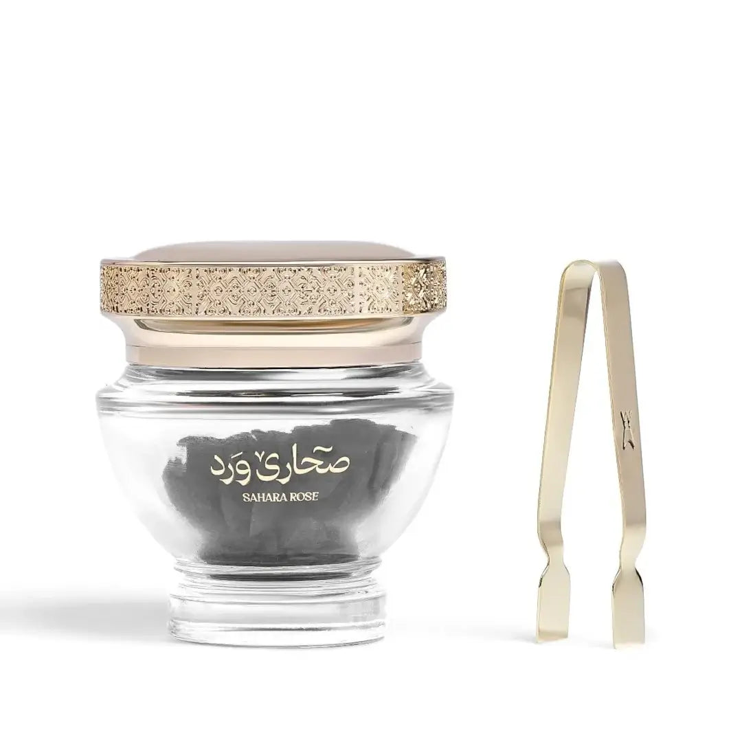 'Sahara Rose' bakhour in a white background with 'Al Majed' branding