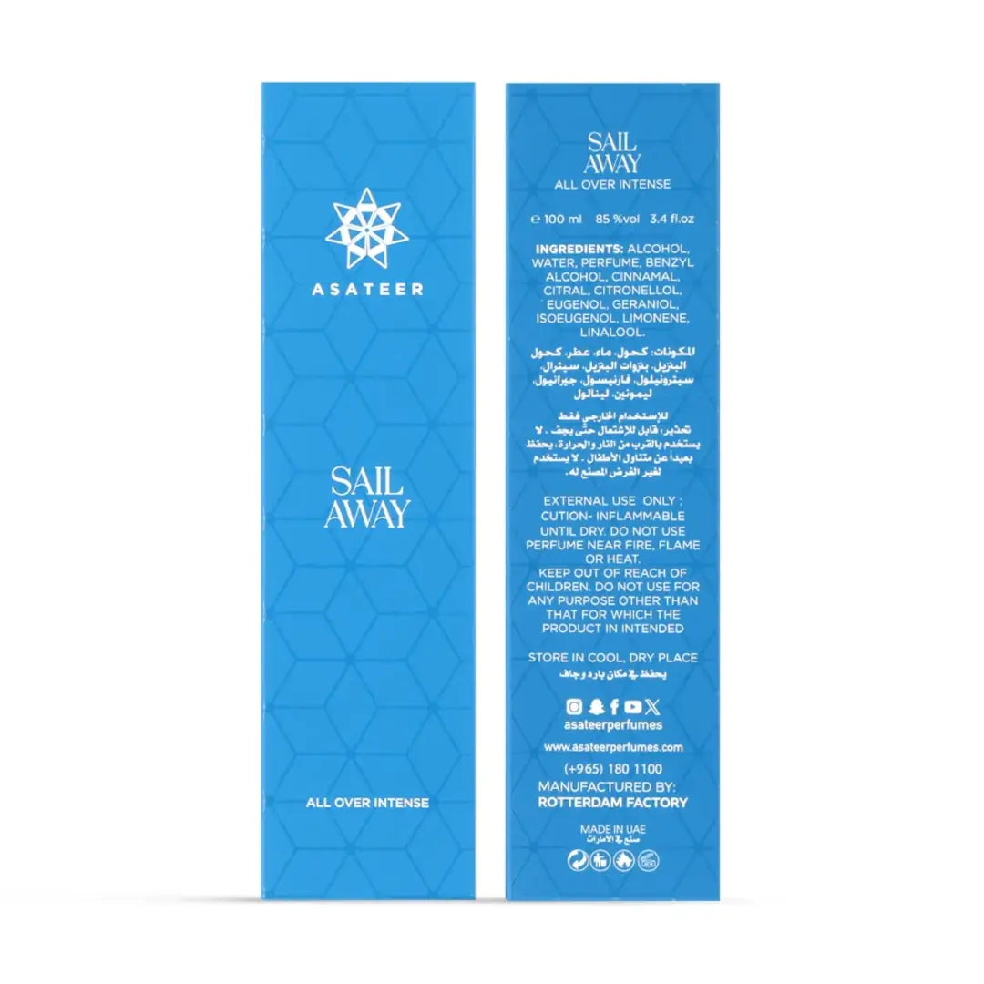 'Sail Away' All over intense packaging on a white background with 'Asateer' branding