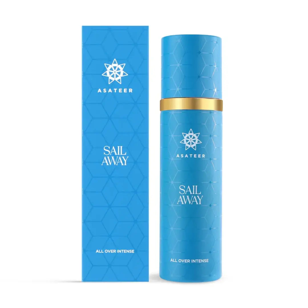'Sail Away' All over intense bottle & packaging on a white background with 'Asateer' branding