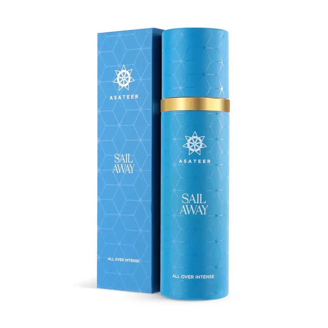 'Sail Away' All over intense bottle & packaging on a white background with 'Asateer' branding