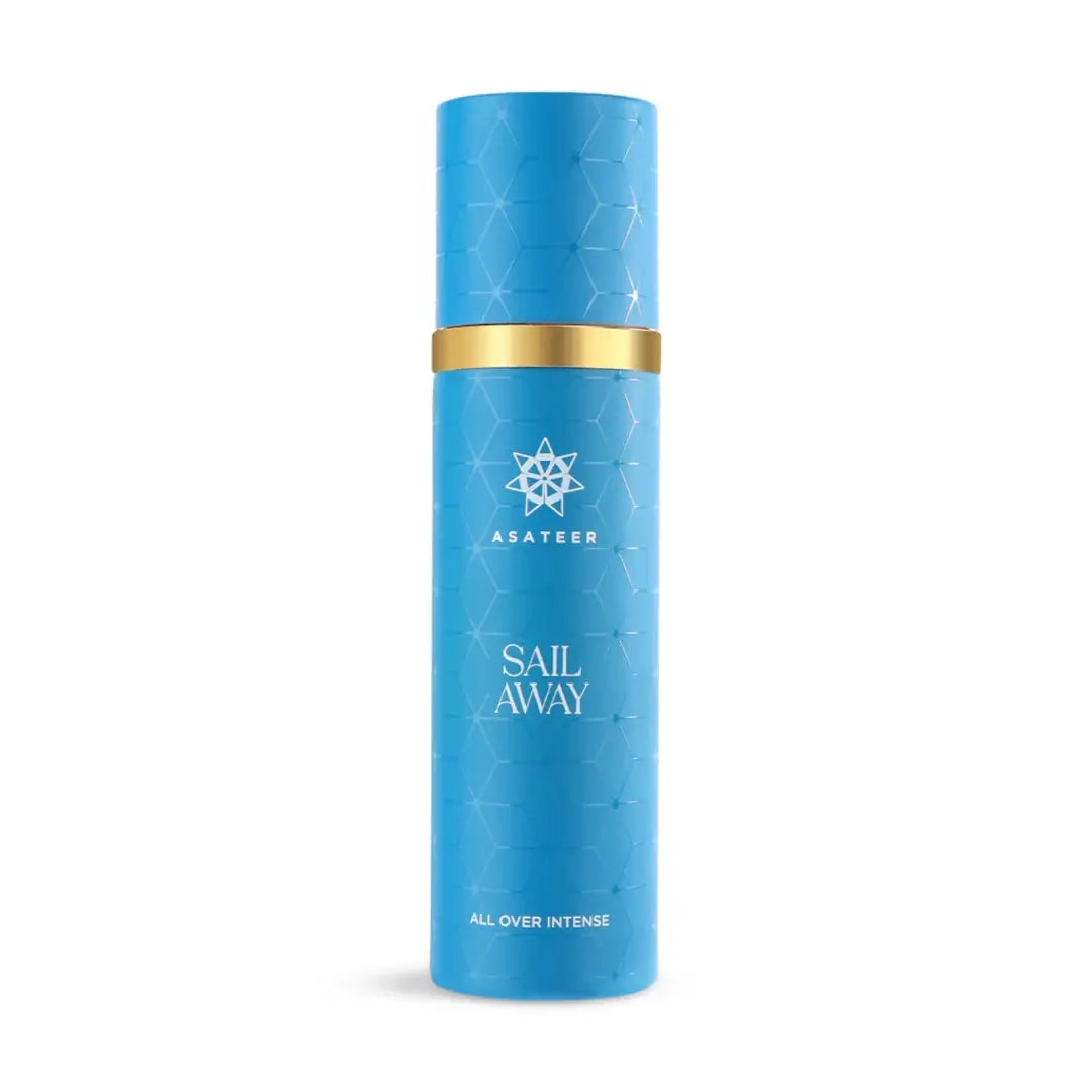 'Sail Away' All over intense bottle on a white background with 'Asateer' branding