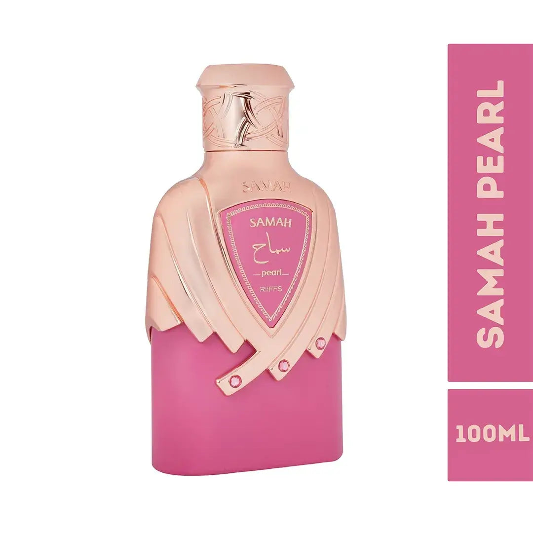 'Samah Pearl' perfume bottle in a white background with 'Riiffs' branding