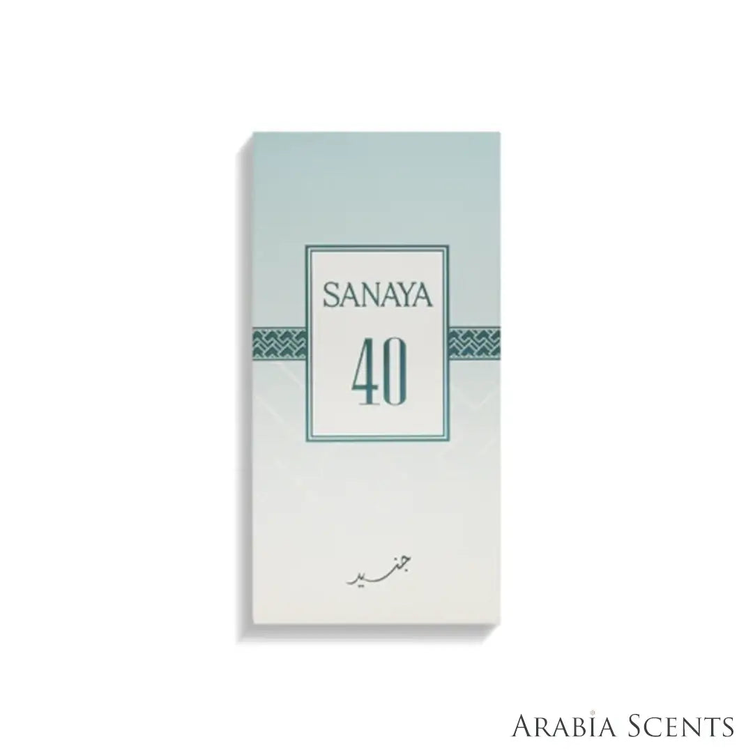 'Sanaya 40' perfume packaging on a white background with 'Junaid' branding featured by 'Arabiascents'