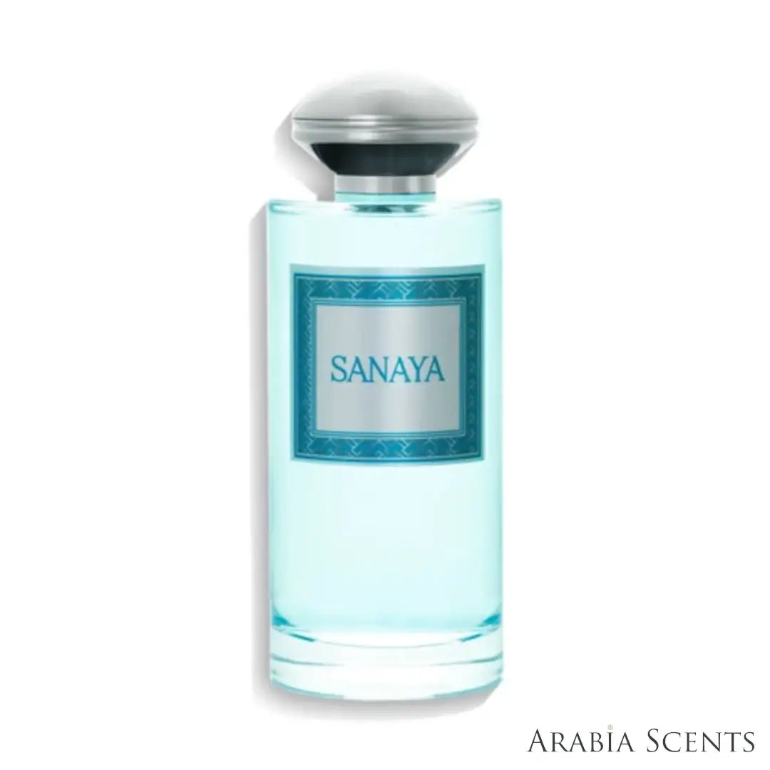 'Sanaya' perfume bottle on a white background with 'Junaid' branding featured by 'Arabiascents'