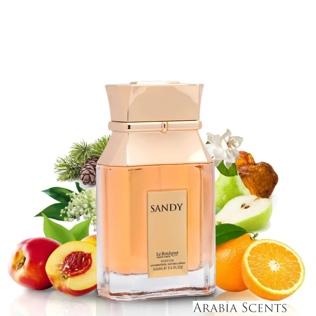 Perfume bottle labeled 'Sandy' branded by Le Bonheur with fruits and plants on a white background, featured by 'Arabia Scents'.