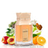 Perfume bottle labeled 'Sandy' branded by Le Bonheur with fruits and plants on a white background, featured by 'Arabia Scents'.